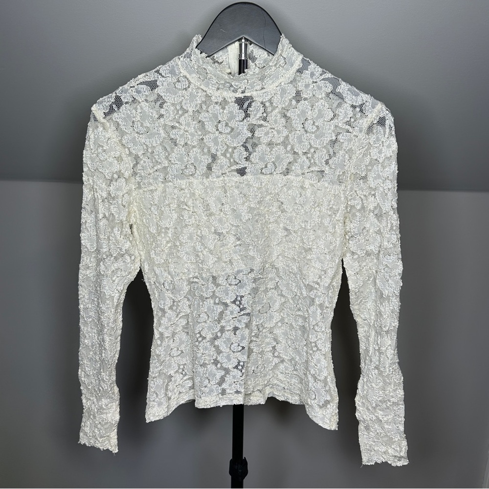 Vintage Kay Celine Lace Mock-Neck Long Sleeve Top in Ivory